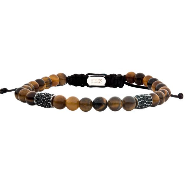 Stainless Steel Beads with Black CZ & Tiger Eye Stone Bead Adjustable Non-Braided Bracelet Falls Jewelers Concord, NC