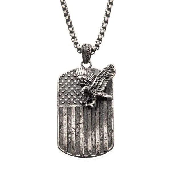 Gun Metal Plated Rugged American Flag with Polished Steel 3D Eagle Pendant with Box Chain Falls Jewelers Concord, NC