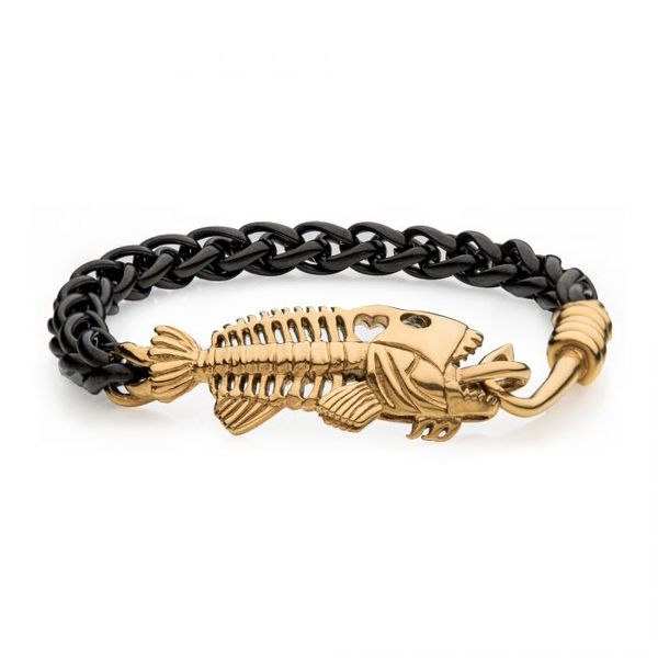 Black Plated Wheat Chain with Gold Plated Fishbone on Hook Clasp Bracelet Falls Jewelers Concord, NC