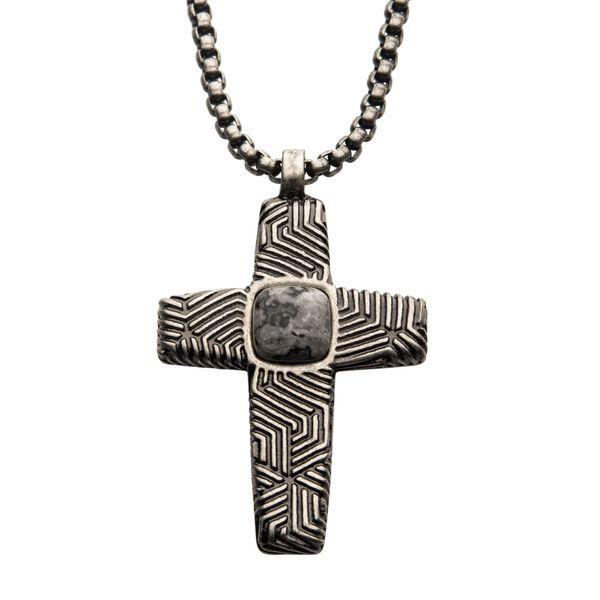 Stainless Steel Silver Plated Cross Pendant with Gray Jasper Stone, with Steel Box Chain Falls Jewelers Concord, NC