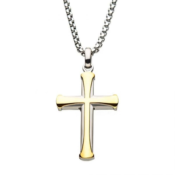 Stainless Steel Gold Plated Apostle Cross Pendant with Chain Falls Jewelers Concord, NC