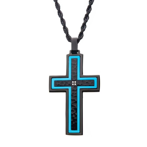 Hammered Blue Line Cross with CZ Stainless Steel Pendant Falls Jewelers Concord, NC