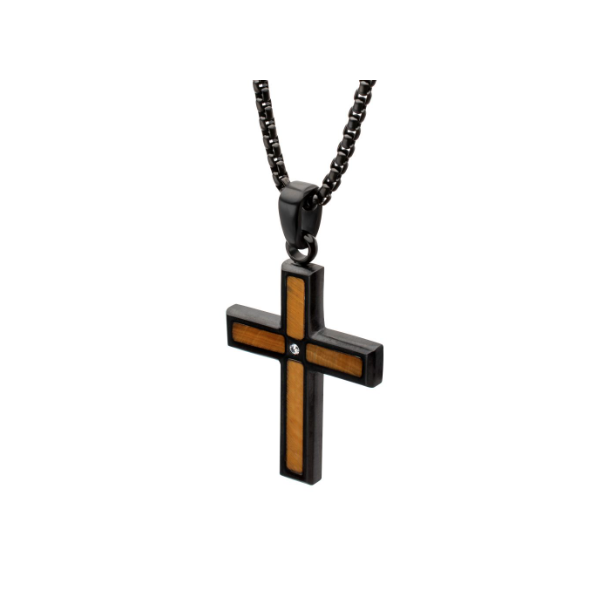 Matte Black IP Steel Tiger Eye Stone Inlay Cross Pendant with Lab-Grown Diamond Falls Jewelers Concord, NC