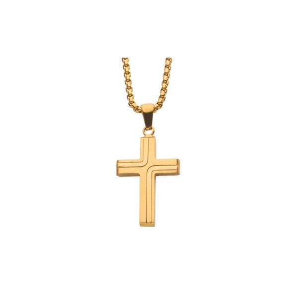 Gold-Plated Steel Cross Drop Pendant with Round Box Chain Falls Jewelers Concord, NC