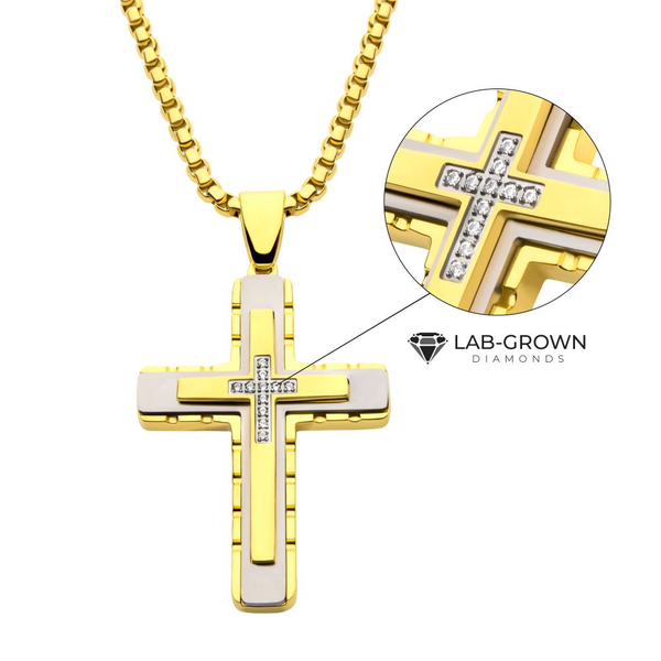 18Kt Gold IP Steel CNC Set Lab-Grown Diamond Layered Cross Pendant Falls Jewelers Concord, NC