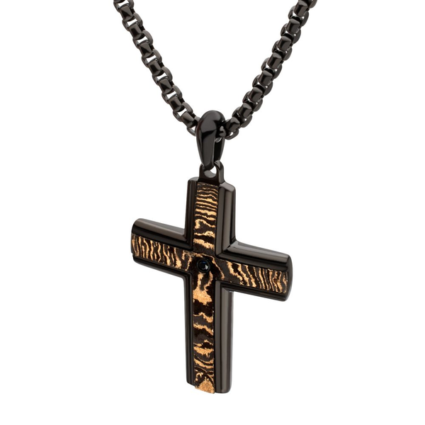 Black IP Solid Copper Carbon Cross Pendant with Black Sapphire & Box Chain Falls Jewelers Concord, NC