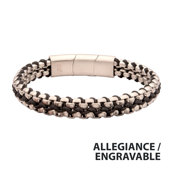 Matte Finish Stainless Steel Box Chain with Black Wax Cord Bracelet Falls Jewelers Concord, NC
