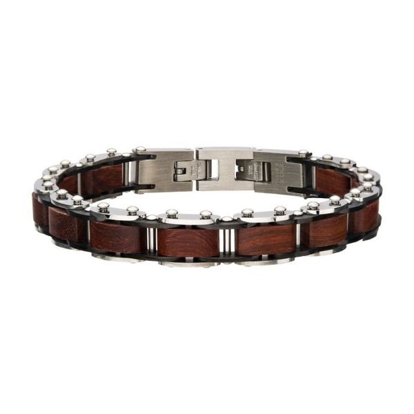 Stainless Steel with Red Sandal Wood Link Bracelet Falls Jewelers Concord, NC