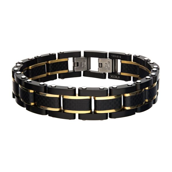 Black Carbon Fiber with Gold Plated Link Bracelet Falls Jewelers Concord, NC