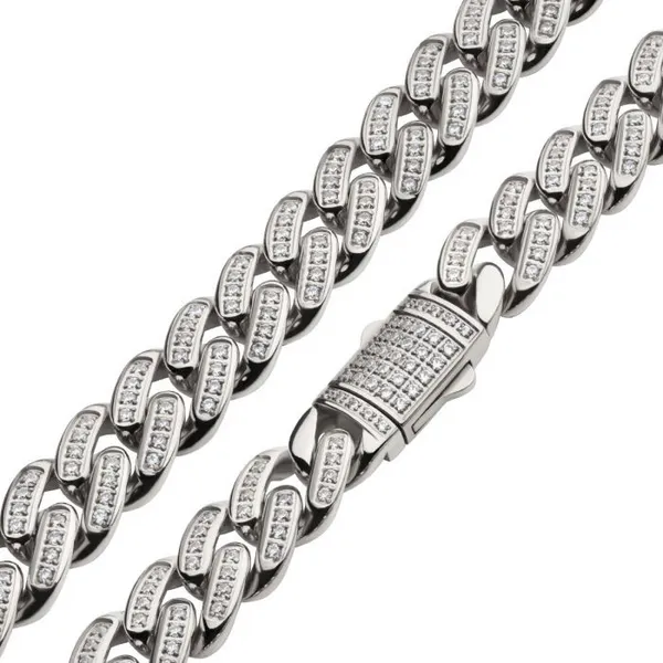 12mm Steel Miami Cuban Chain Necklace with CNC Precision Set Full Clear Cubic Zirconia Double Tab Box Clasp Falls Jewelers Concord, NC