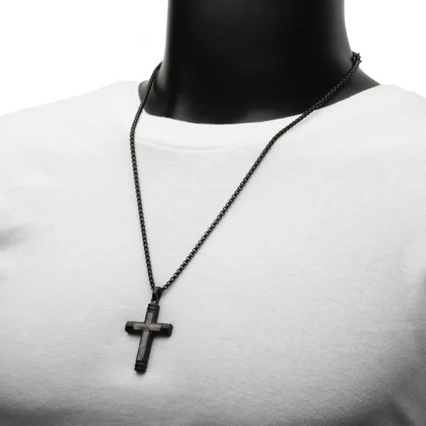 Meteorite Inlay Cross Pendant with Black IP Box Chain Image 2 Falls Jewelers Concord, NC