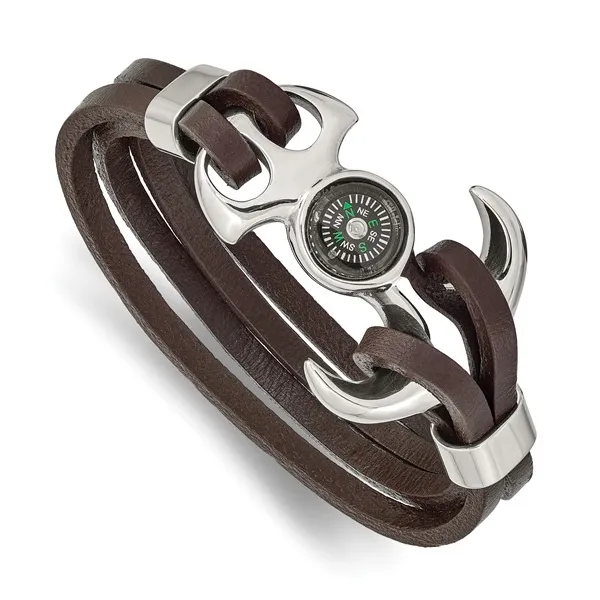 Chisel Stainless Steel Polished Functional Compass Multi Strand Brown Leather 8.5 inch Bracelet similar item image