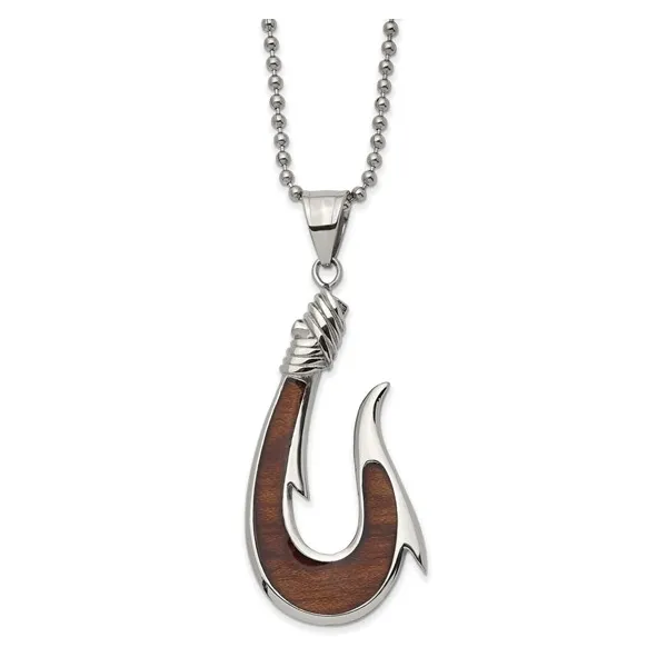 Chisel Stainless Steel Polished with Rosewood Inlay Hook Pendant on a 22 inch Ball Chain Necklace similar item image