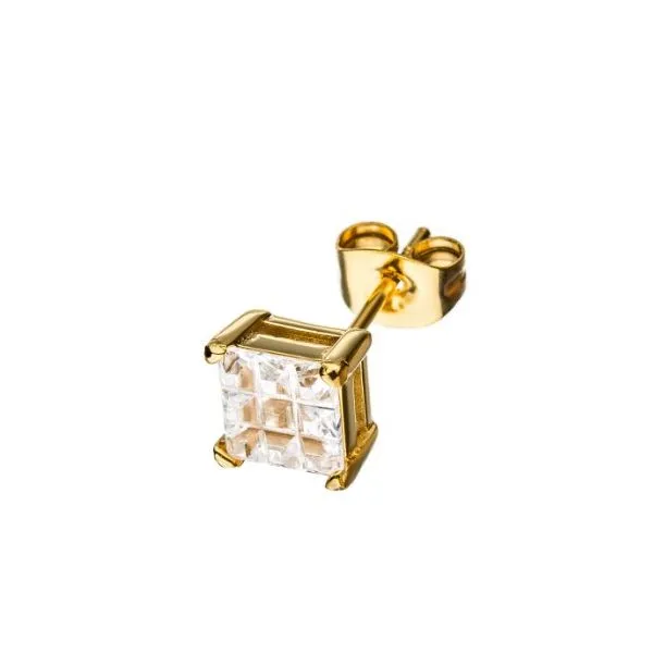 Stainless Steel & Gold IP with Hashtag CZ Square Cut Stud...