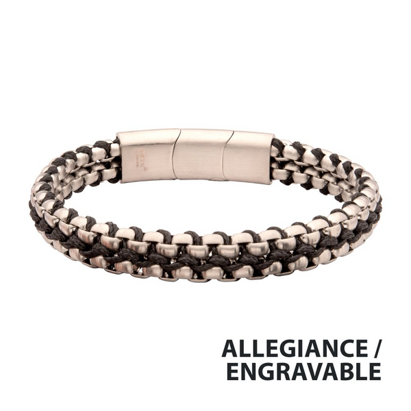 Matte Finish Stainless Steel Box Chain with Black Wax Cord Bracelet Falls Jewelers Concord, NC