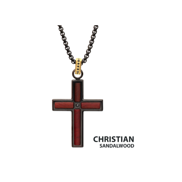 Matte Finish Black IP Steel Sandalwood Cross Pendant with CNC Set Black Spinel Crown Link Bail Falls Jewelers Concord, NC