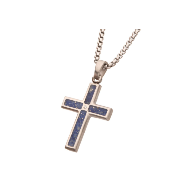 Matte Finish Stainless Steel Lapis Lazuli Stone Inlay with Lab-Grown Diamond Cross Pendant Falls Jewelers Concord, NC