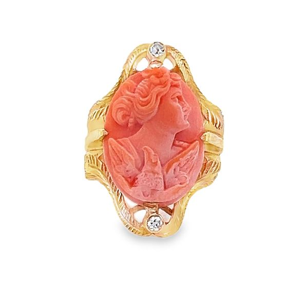 Estate - Vintage Coral Cameo and Diamond Ring Flora Gems Decatur, IL