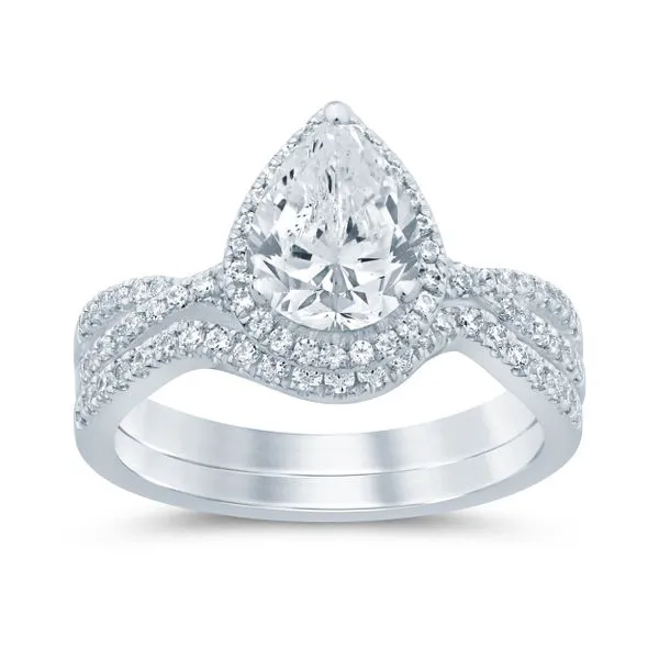 14 Karat White Gold Two Piece Halo Crossover Wedding Ring Set Semi Mounting Forever Young Fine Jewelers St. George, UT