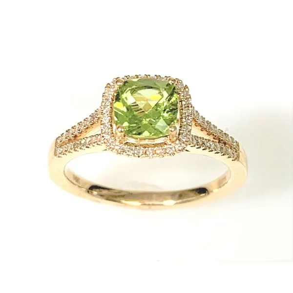 14 Karat Yellow Gold Halo Style with Split Shank Peridot Genstone and Diamond Fashion ring Forever Young Fine Jewelers St. George, UT