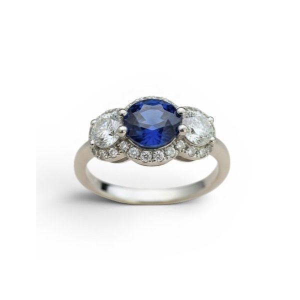 18 Karat White Gold Blue Sapphire And Diamond Three Stone Halo Style Fashion Ring Forever Young Fine Jewelers St. George, UT