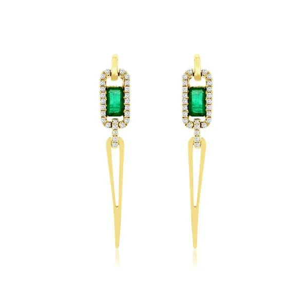 14 Karat Yellow Gold Halo Drop Style Emerald and Diamond FAshion Earrings Forever Young Fine Jewelers St. George, UT