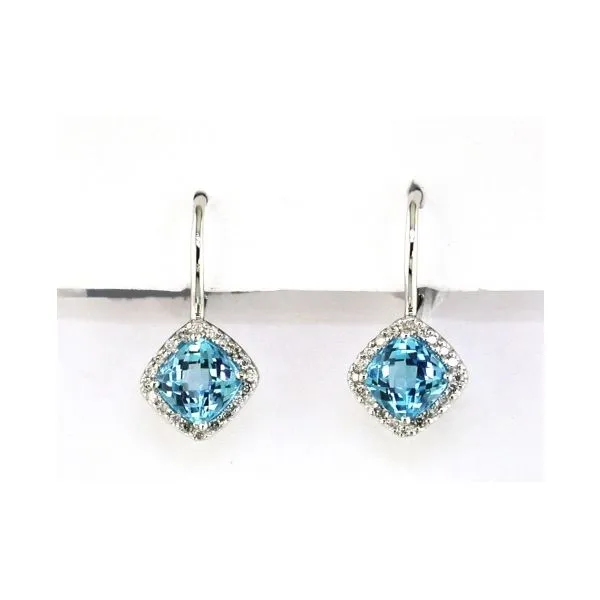 14 Karat White Gold Blue Topaz and Diamond Dangle Halo Style Fashion Earrings Forever Young Fine Jewelers St. George, UT