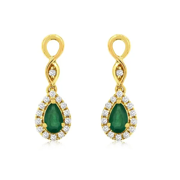 14 Karat Yellow Gold Halo Drop Style Emerald and Diamond Fashion Earrings Forever Young Fine Jewelers St. George, UT