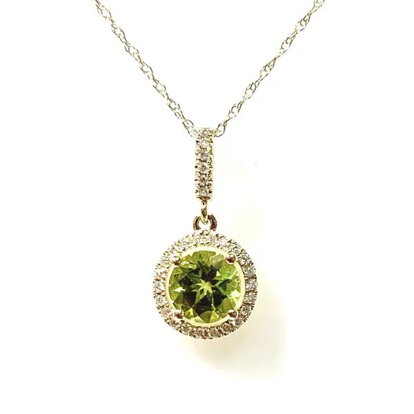 14 Karat Yellow Gold Round Halo Design Peridot and Diamond Fashion Pendant Forever Young Fine Jewelers St. George, UT