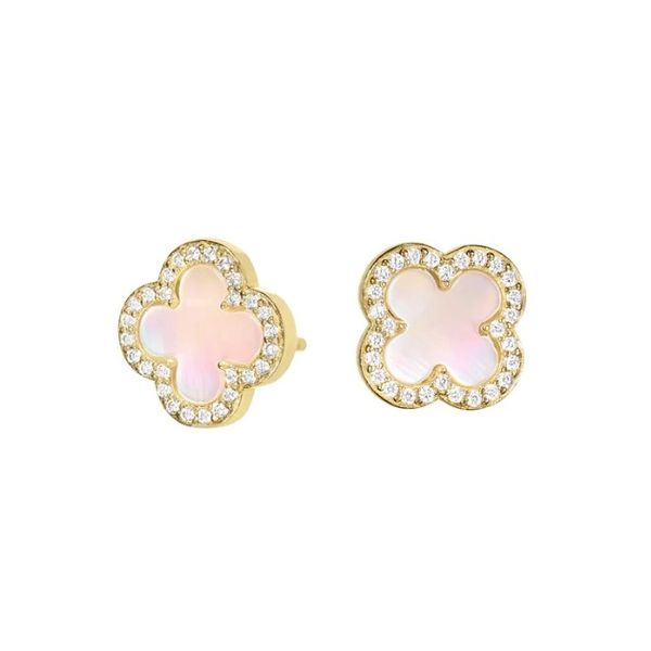 Sterling Silver Yellow Gold Plated Mother of Pearl Clover Halo Earrings Forever Young Fine Jewelers St. George, UT