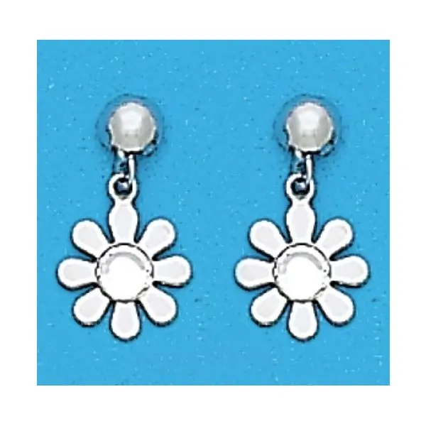 A Pair of White Tone Dangle Daisy Earrings with clear Simulated Swarovksi Crystals April (diamond) Birthstones Forever Young Fine Jewelers St. George, UT