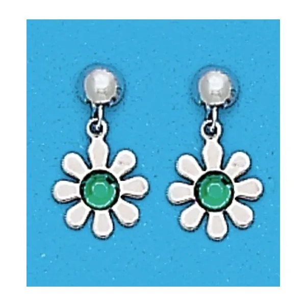 A Pair of White Tone Dangle Daisy Earrings with Simulated Swarovksi Crystals May (Emerald) Birthstones.  The earrings are finished with an allergy fre Forever Young Fine Jewelers St. George, UT