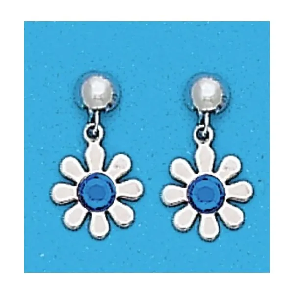 A Pair of White Tone Dangle Daisy Earrings with Simulated Swarovksi Crystals September (Sapphire) Birthstones. Forever Young Fine Jewelers St. George, UT