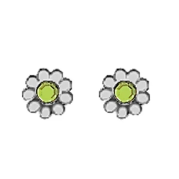 A Pair of White Tone Daisy Earrings with Simulated Swarovski Crystals August (Peridot) Birthstones. Forever Young Fine Jewelers St. George, UT