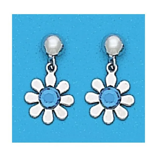 A Pair of White Tone Dangle Daisy Earrings with Simulated Swarovski Crystals March (Aquamarine) Birthstones. Forever Young Fine Jewelers St. George, UT
