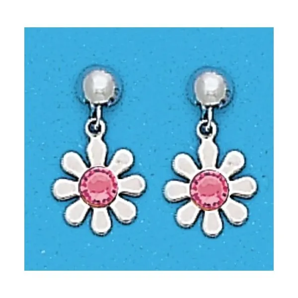 A Pair of WhiteTtone Dangle Daisy Earrings with Simulated Swarovksi Crystals October (Pink Tourmaline) Birthstones. Forever Young Fine Jewelers St. George, UT