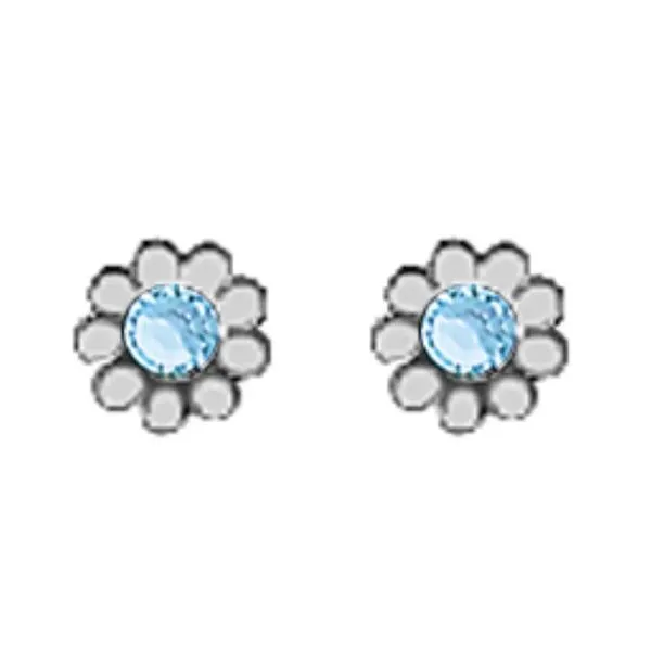 A Pair of White Tone Daisy Earrings with Simulated Swarovski Crystals March (Aquamarine) Birthstones. Forever Young Fine Jewelers St. George, UT