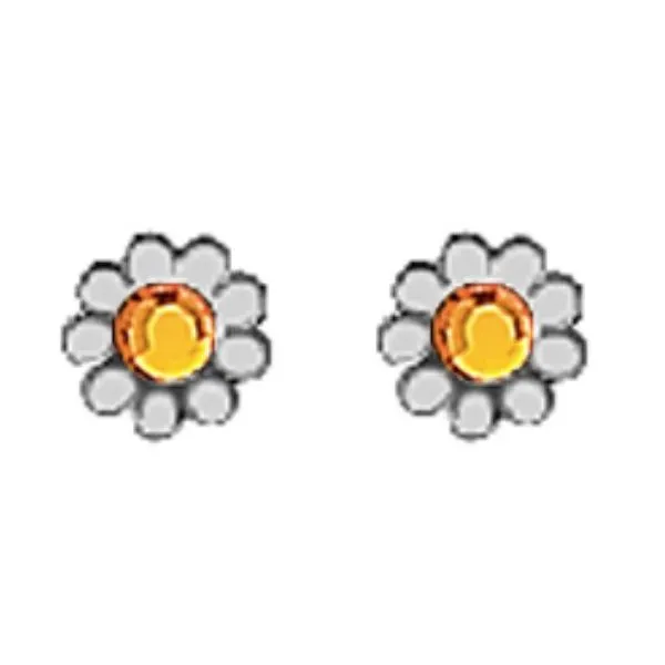 A Pair of White Tone Daisy Earrings with Simulated Swarovski Crystals November (Citrine) Birthstones Forever Young Fine Jewelers St. George, UT