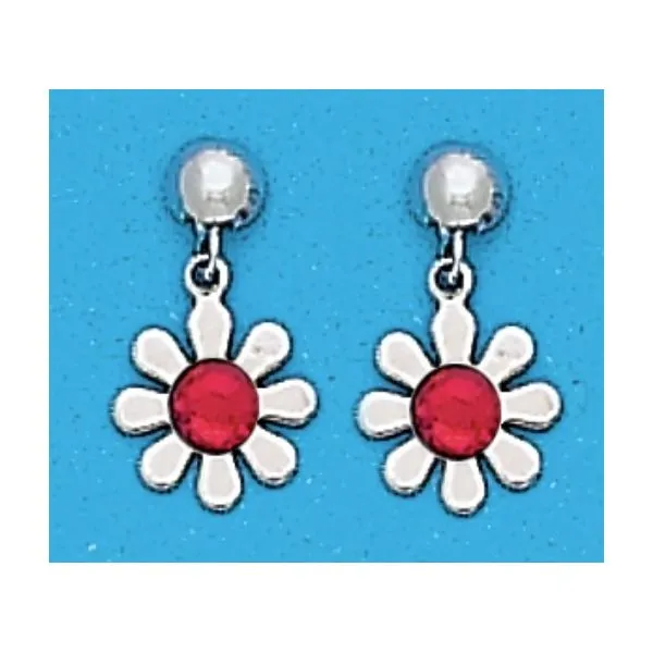 A Pair of White Tone Dangle Daisy Earrings with Simulated Swarovksi Crystals July (Ruby) Birthstones Forever Young Fine Jewelers St. George, UT