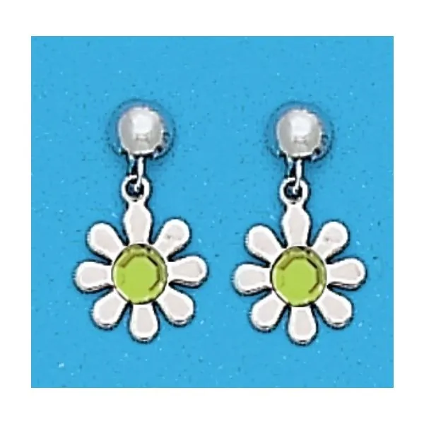 A Pair of White Tone Dangle Daisy Earrings with Simulated Swarovksi Crystals August (Peridot) Birthstones. Forever Young Fine Jewelers St. George, UT