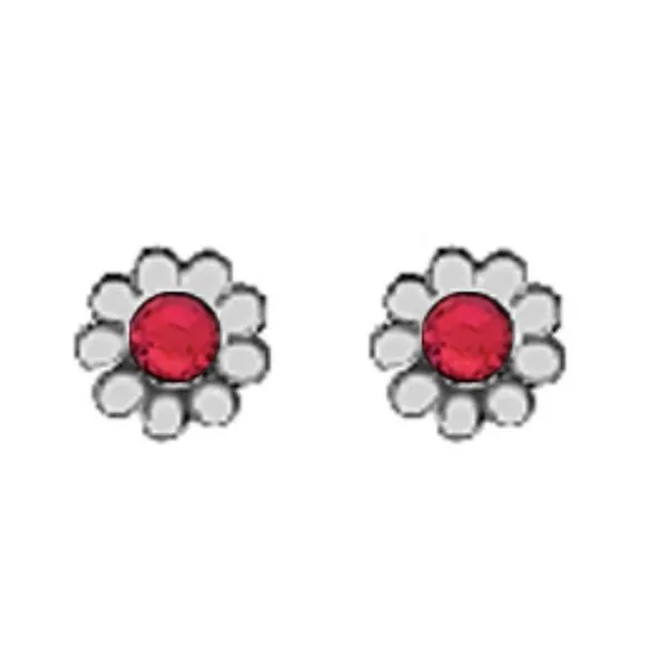 A pPr of White Tone Daisy Earrings with Simulated Swarovski Crystals July (Ruby) Birthstones. Forever Young Fine Jewelers St. George, UT