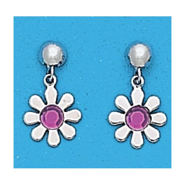 A Pair of White Tone Dangle Daisy earrings with Simulated Swarovski Crystals February (Amethyst) Birthstones. Forever Young Fine Jewelers St. George, UT