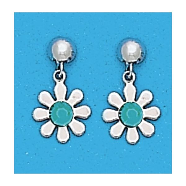A Pair of white Tone dDngle Daisy Earrings with Simulated Swarovksi crystals December (Blue Zircon) Birthstones. Forever Young Fine Jewelers St. George, UT