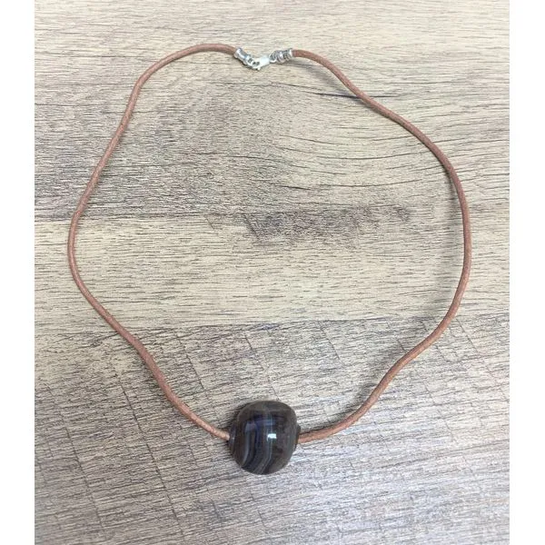 HandmadeBrown, Blue and Grey Striped Glass Bead Necklace on a Tan Leather Cord Forever Young Fine Jewelers St. George, UT