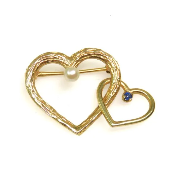 14 Karat Yellow Gold Estate Gemstone and Pearl Double Heart Broosh Forever Young Fine Jewelers St. George, UT