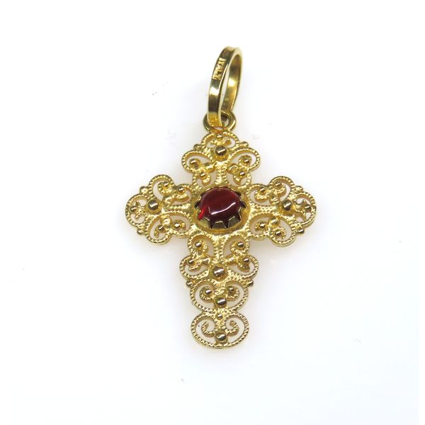 18Karat Yellow Gold Estate Garnet Fiiligree Cross Forever Young Fine Jewelers St. George, UT