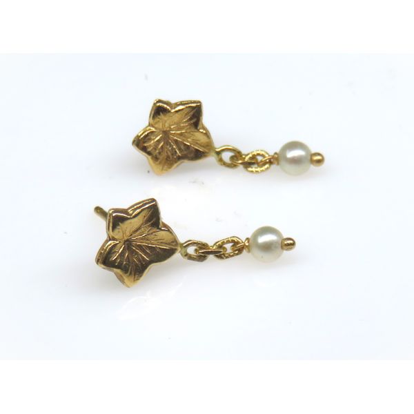 18 Karat Yellow Gold Estat Leaf Top Pearl Dangle Fashion Earrings Forever Young Fine Jewelers St. George, UT