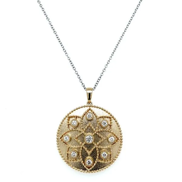 14KY Gold Textured & Milgrained Disc Pendant with Diamonds Image 4 Franzetti Jewelers Austin, TX