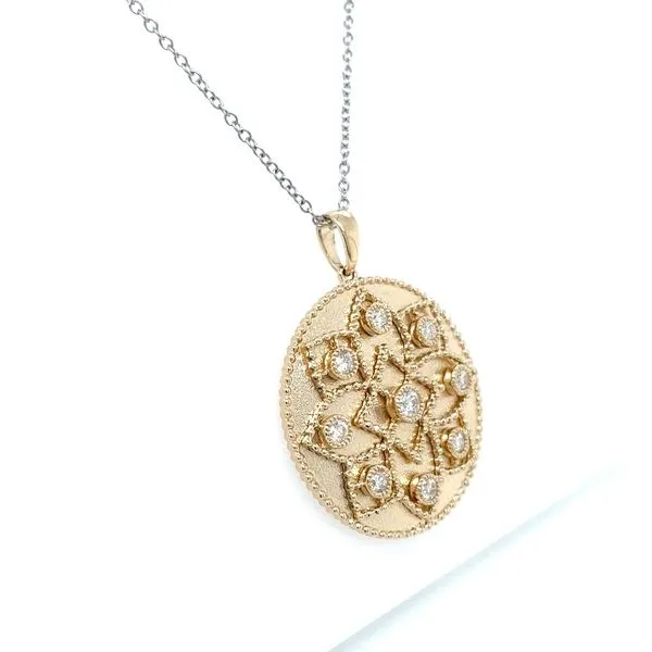 14KY Gold Textured & Milgrained Disc Pendant with Diamonds Image 5 Franzetti Jewelers Austin, TX