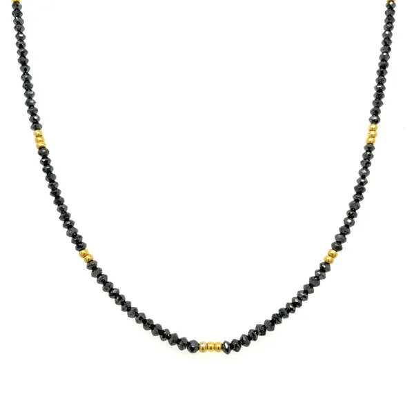 18KY Gold Black Diamond Facetted Bead & Gold Bead Necklace - 17.5